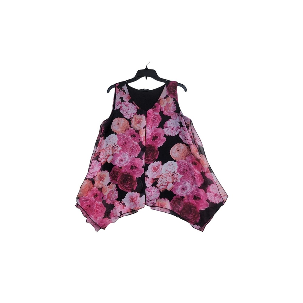 Liz McCoy Floral Sleeveless Top M Pink Black Sharkbite Hem Chiffon Overlay